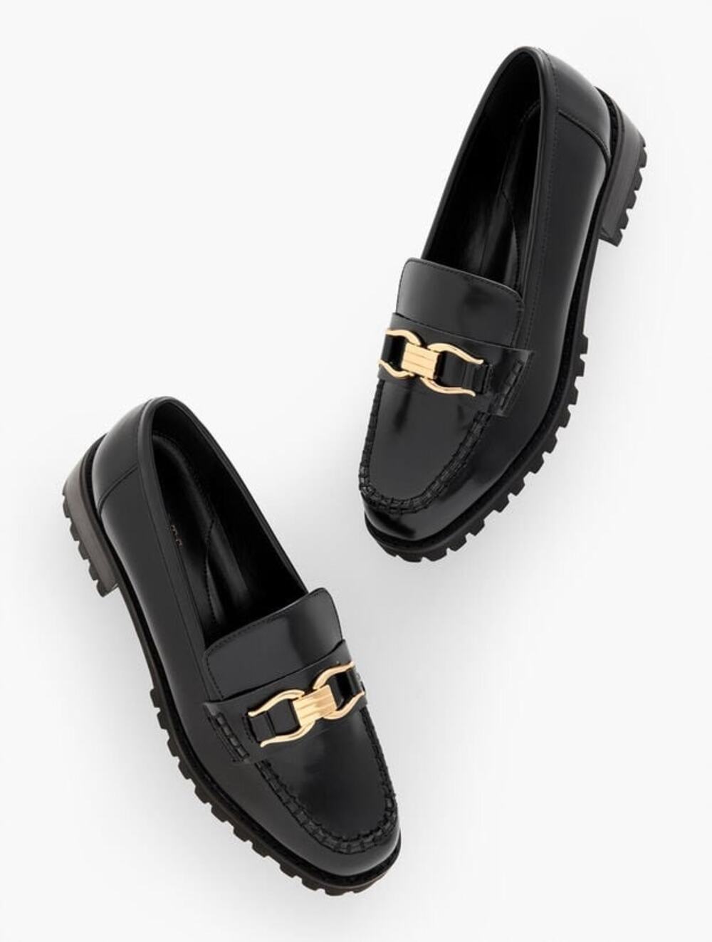 Talbots Gianna Leather Loafers Gold Accents Size 8M Chunky Lug Sole Preppy